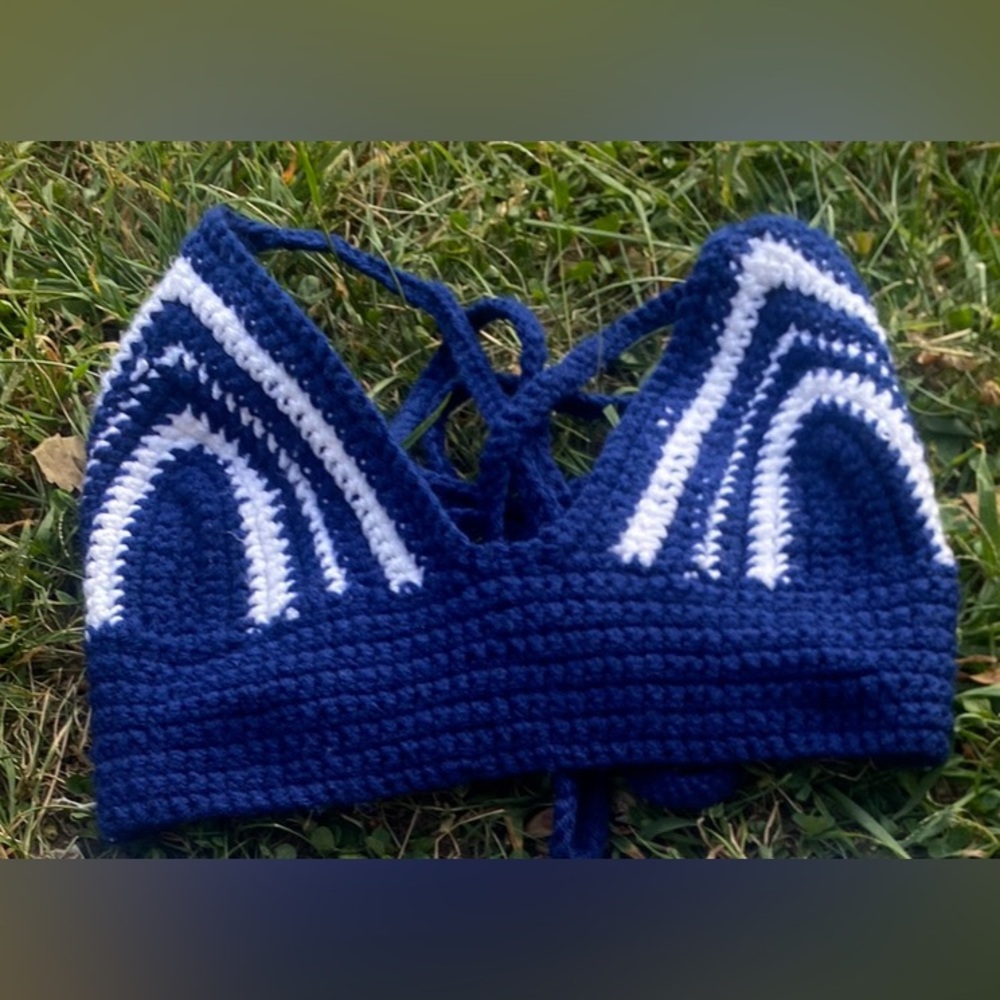 Handmade Crochet Blue and White Bralette Halter Top Festival  Boho Summer